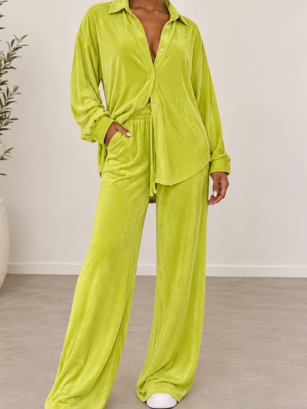 Lime Green Button-Up Two-Piece Pants Set